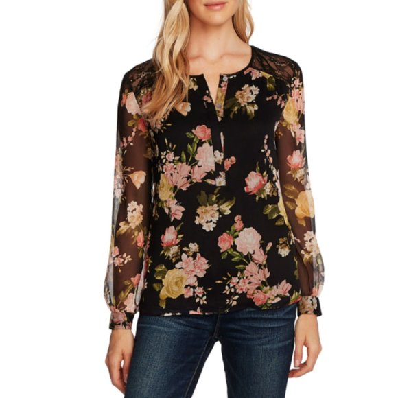 Vince Camuto Tops - Vince Camuto Black Beautiful Blooms Chiffon Blouse